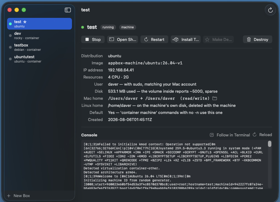 The AppBox management window showing the test machine running, with distribution, image, IP address, resources, user, disk, Mac home, Linux home, default status, creation time, and a live boot console