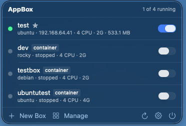 The AppBox menu bar dropdown listing a running Ubuntu machine named test with its IP, CPU, memory and disk usage, above three stopped containers, each row with a state dot and an on/off switch