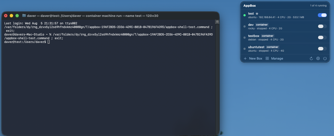 A macOS Terminal window titled daver@test running container machine run, with the shell prompt reading daver@test:/Users/daver, beside the AppBox menu bar dropdown