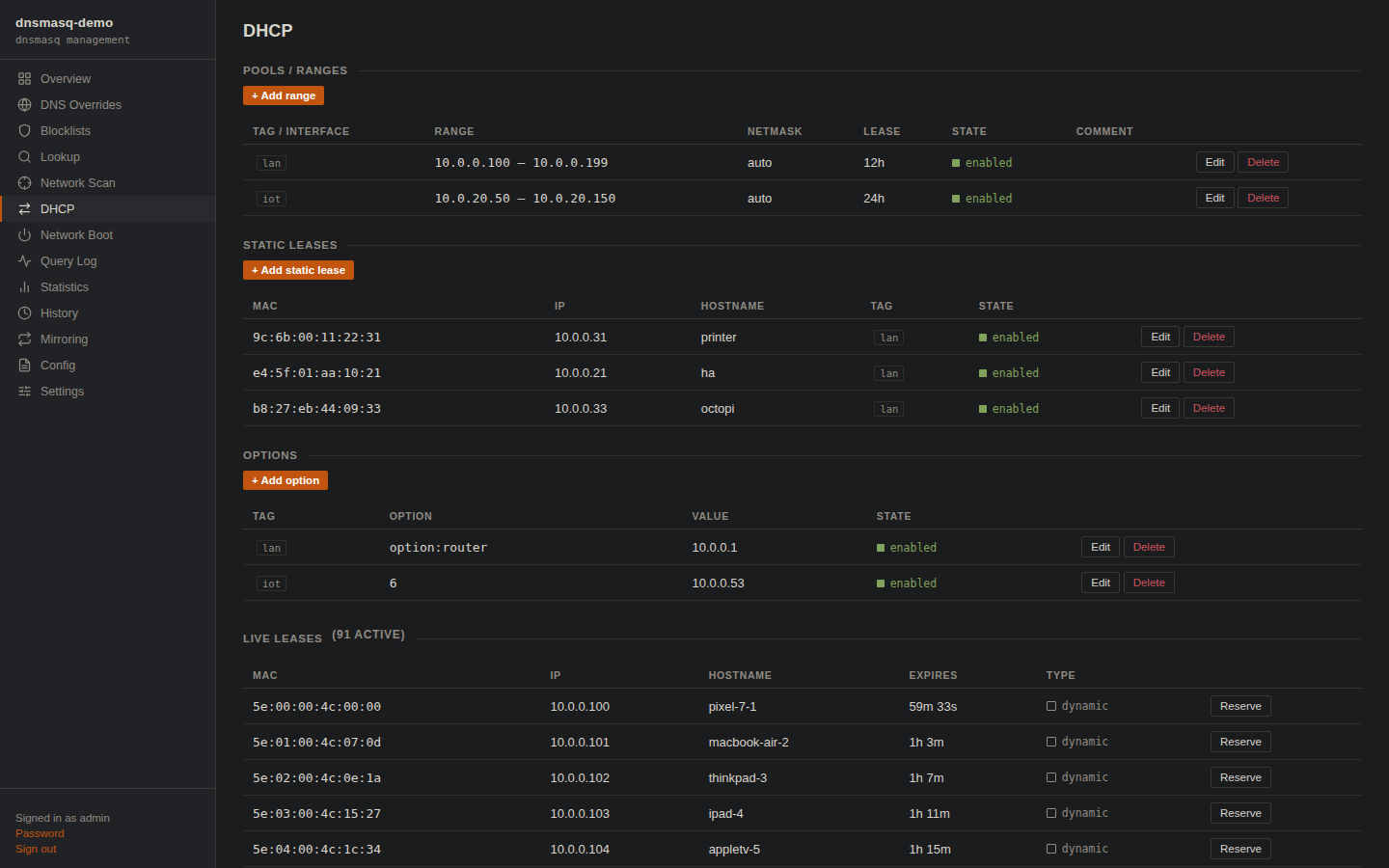 DHCP pools, static leases, options and live leases