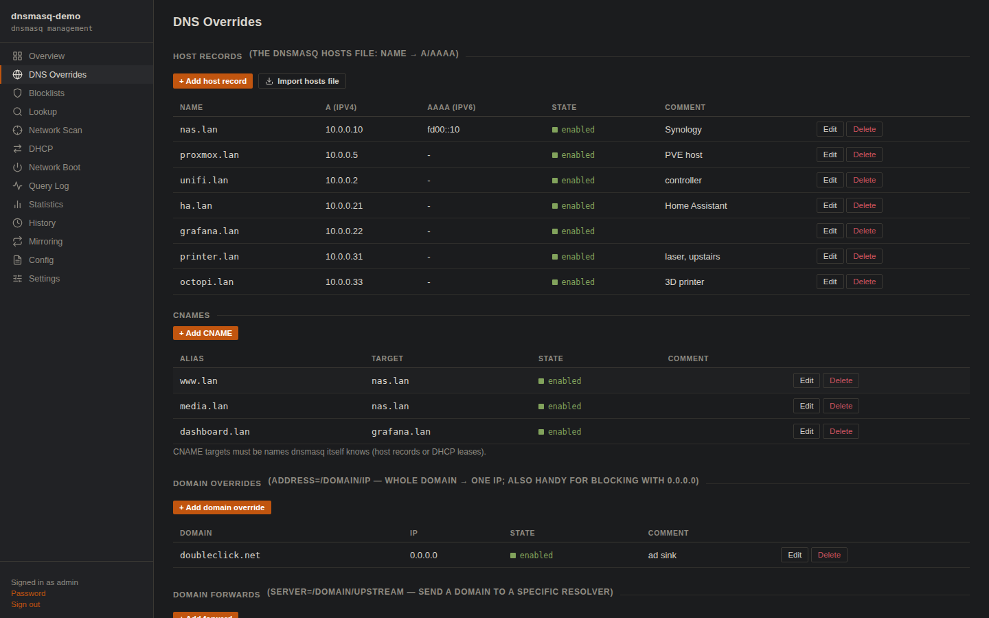 DNS overrides: host records, CNAMEs, domain overrides
