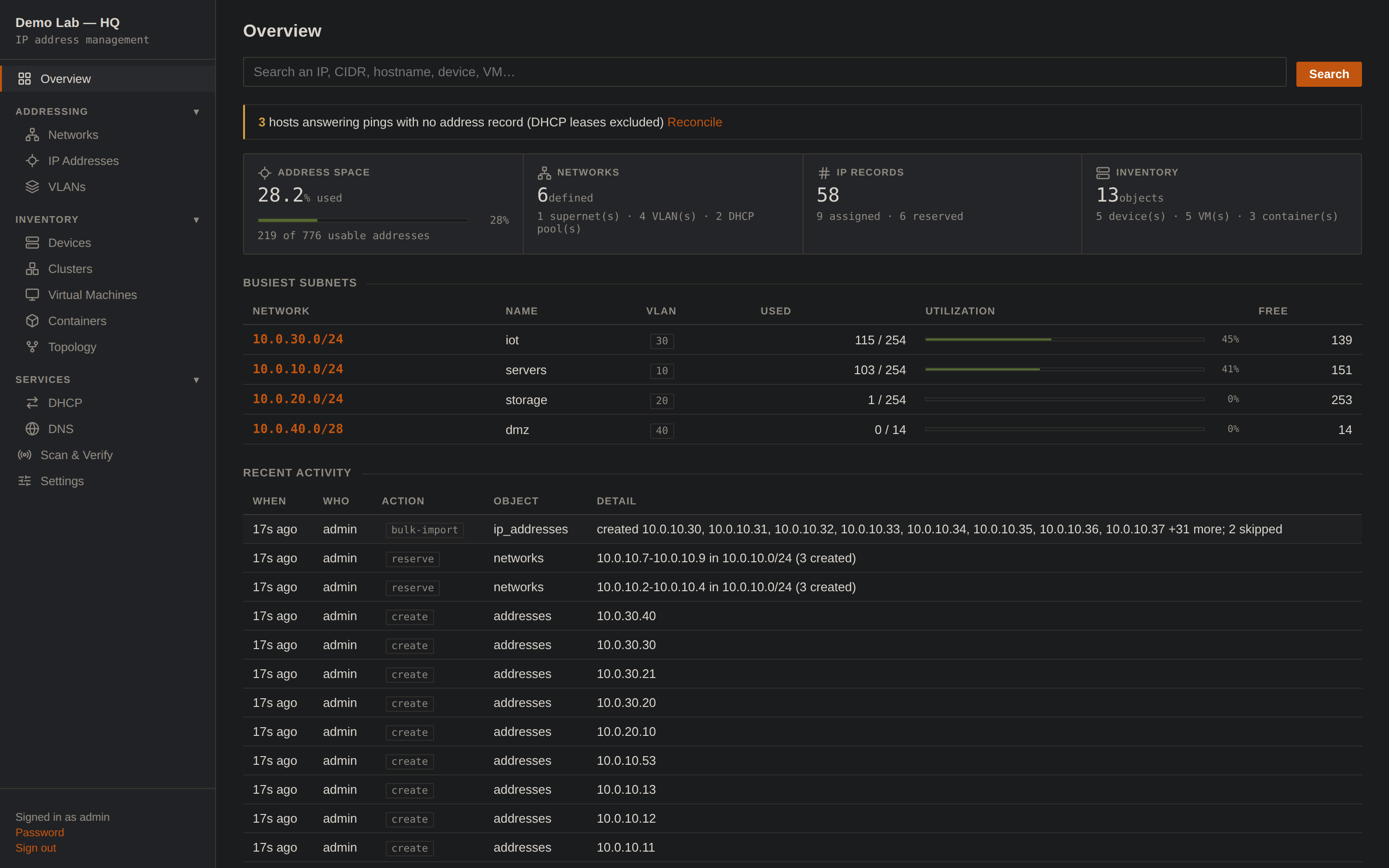 Nexus IPAM overview: address space, networks, records, inventory, busiest subnets