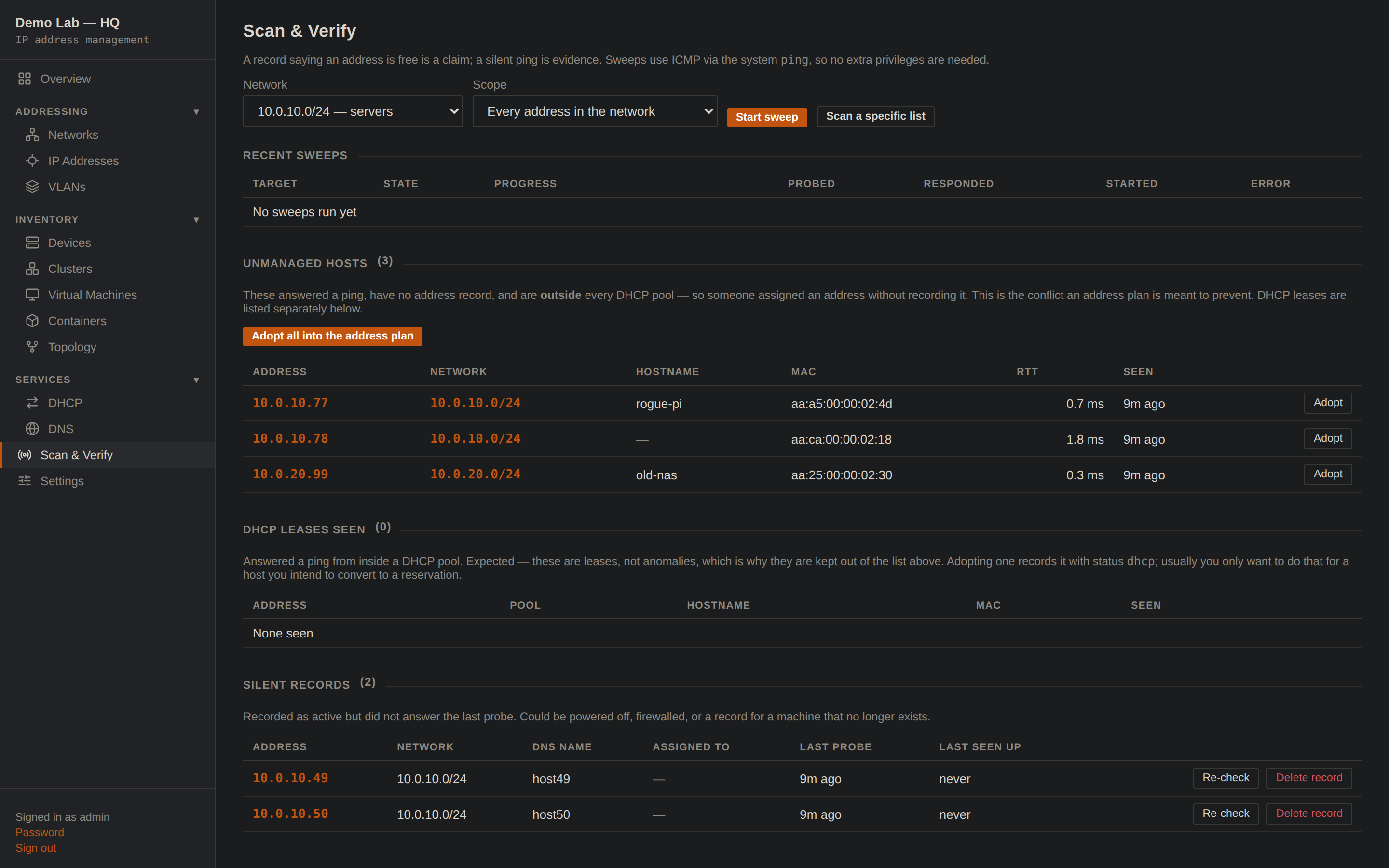 Scan and verify: unmanaged hosts, DHCP leases seen, silent records