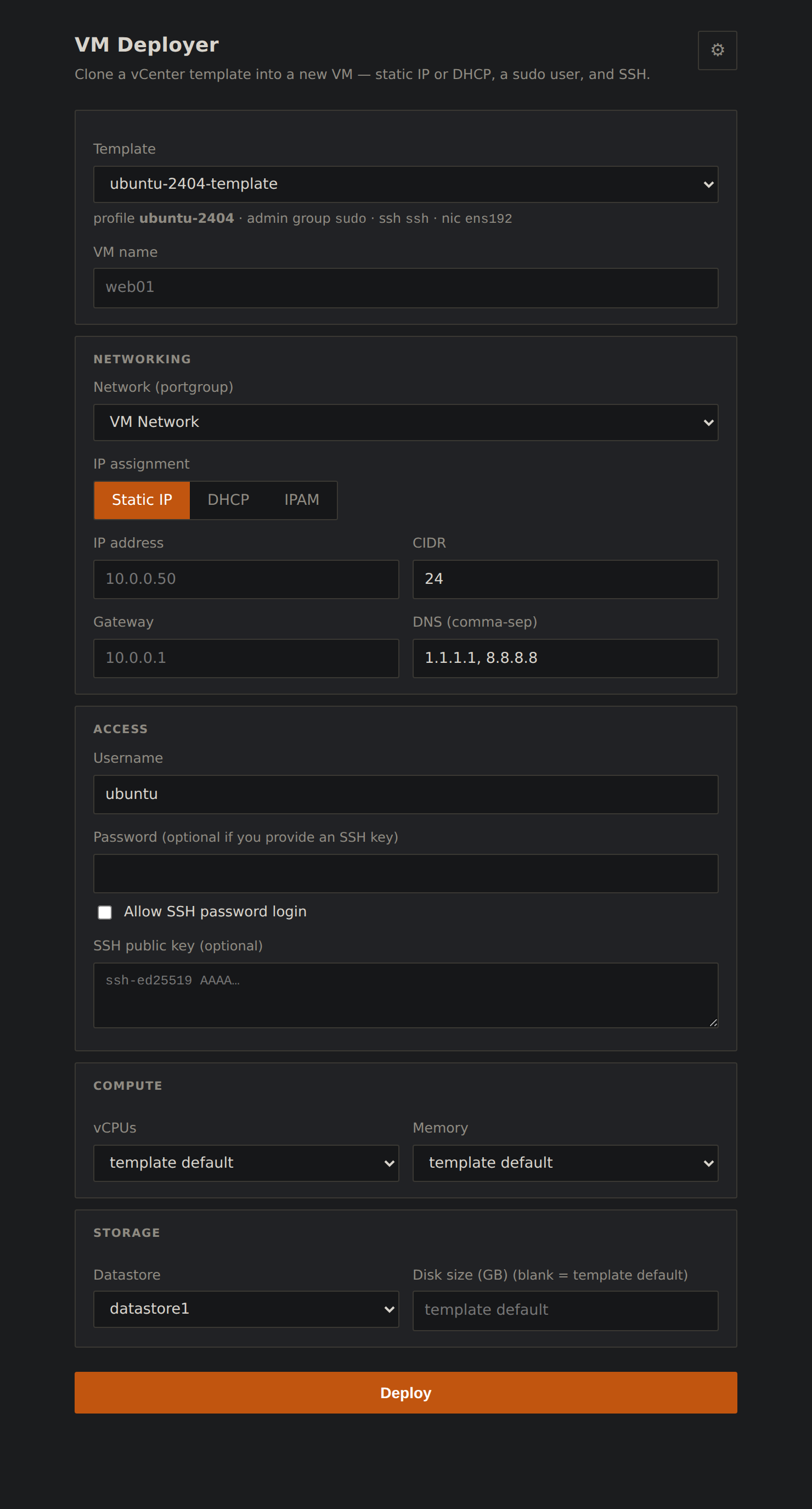 The full VM Deployer form