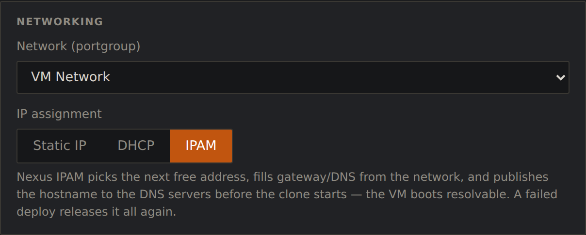 VM Deployer networking card with the IPAM assignment mode selected