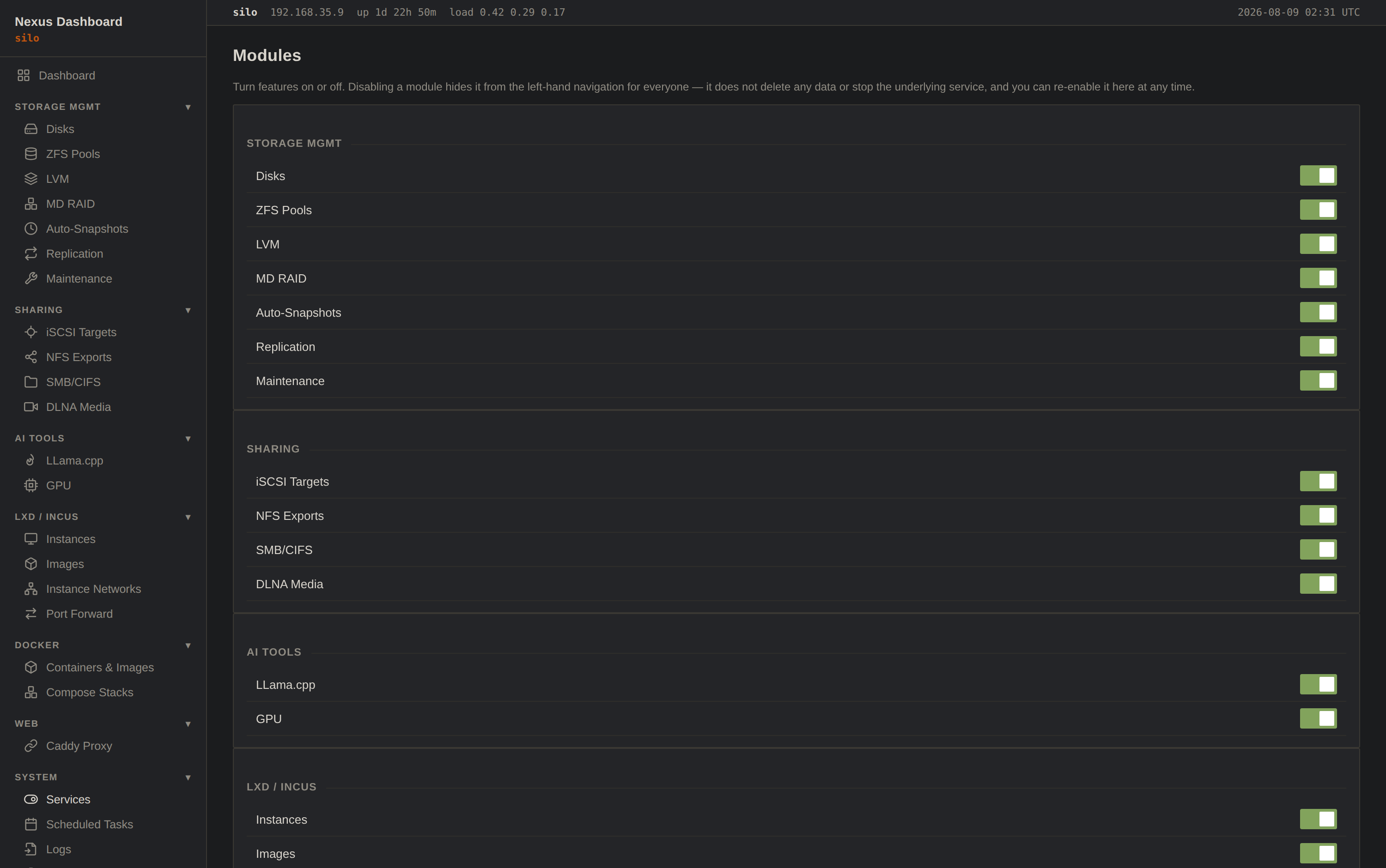 Modules page with per-category toggle switches for storage, sharing, AI tools and LXD/Incus features