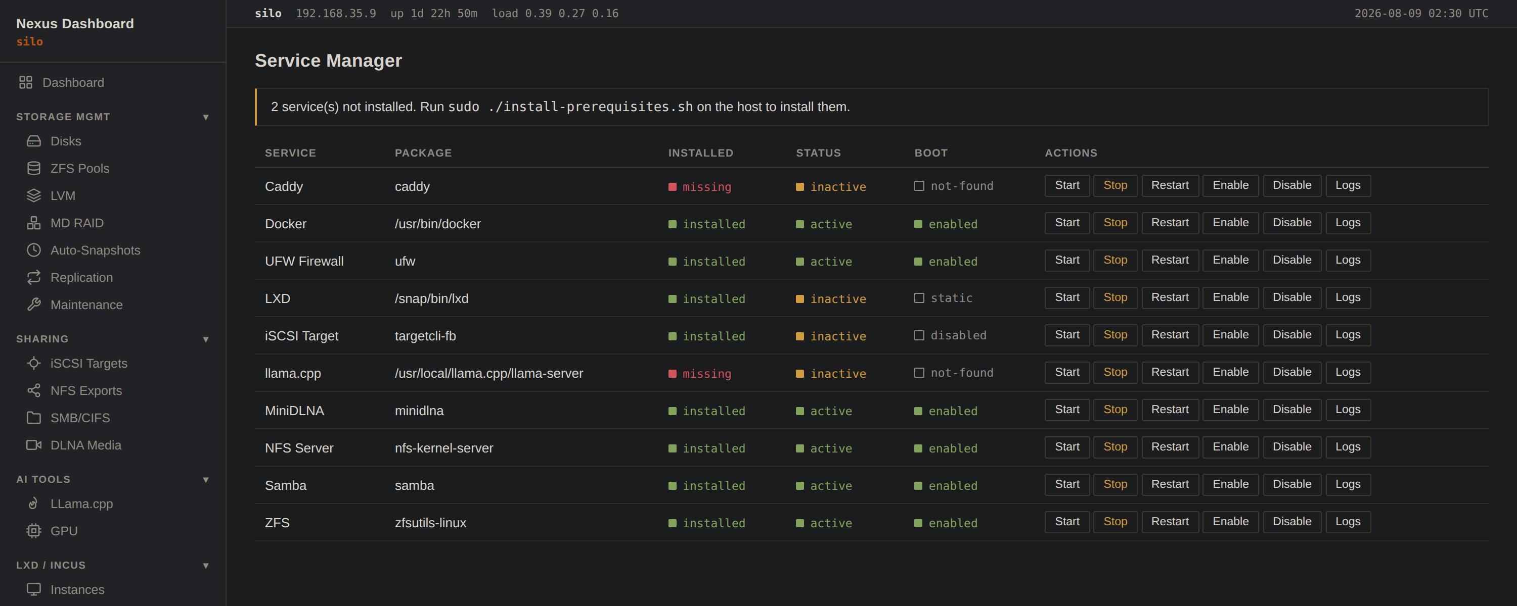 Service Manager listing Caddy, Docker, UFW, LXD, iSCSI, llama.cpp, MiniDLNA, NFS, Samba and ZFS with installed, status and boot columns