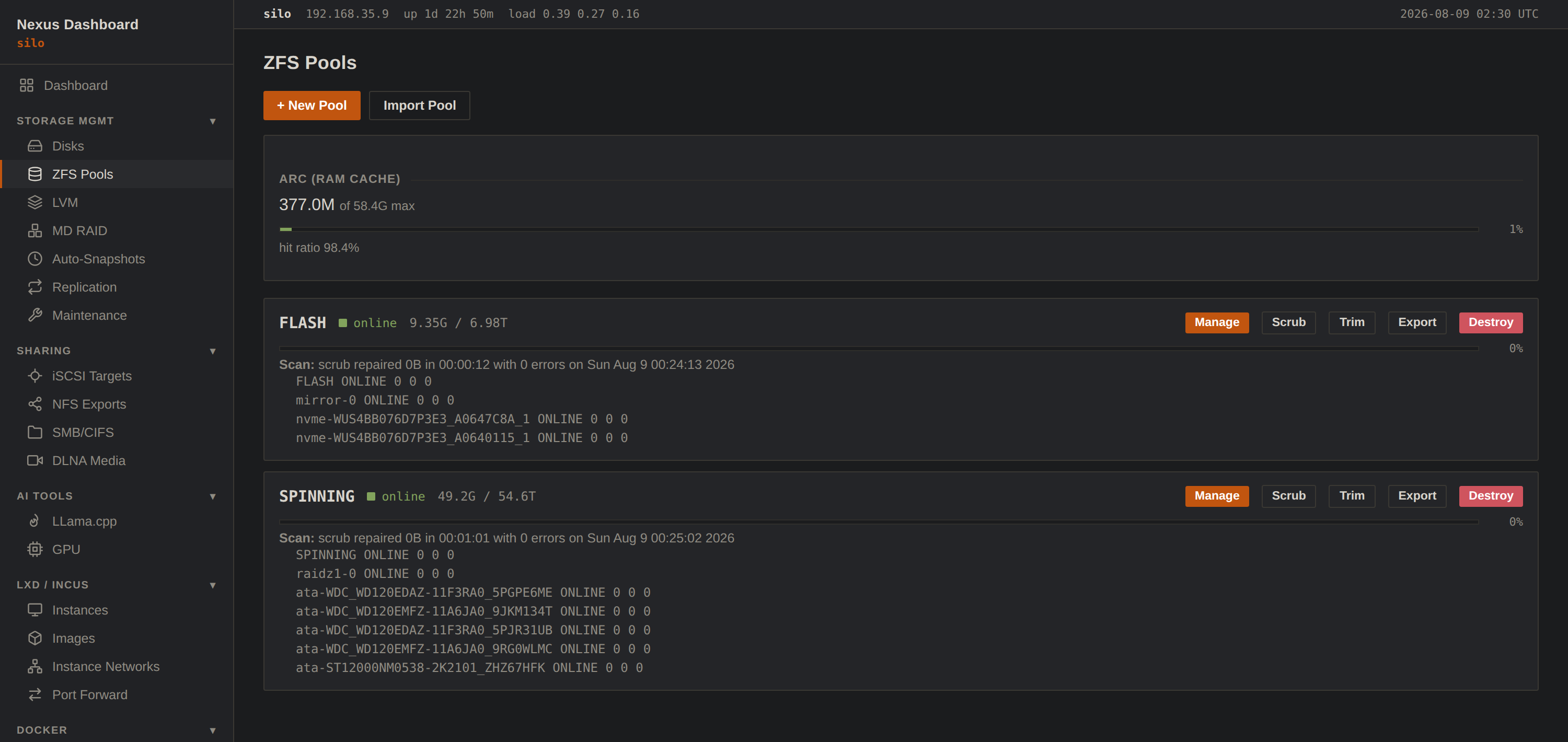 ZFS Pools page showing ARC cache stats and two pools with full vdev topology and per-device error counts