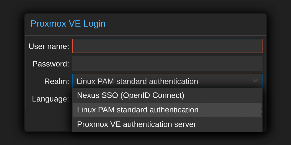 The Proxmox VE login dialog with the realm dropdown open, listing Nexus SSO (OpenID Connect) alongside the built-in PAM and PVE realms