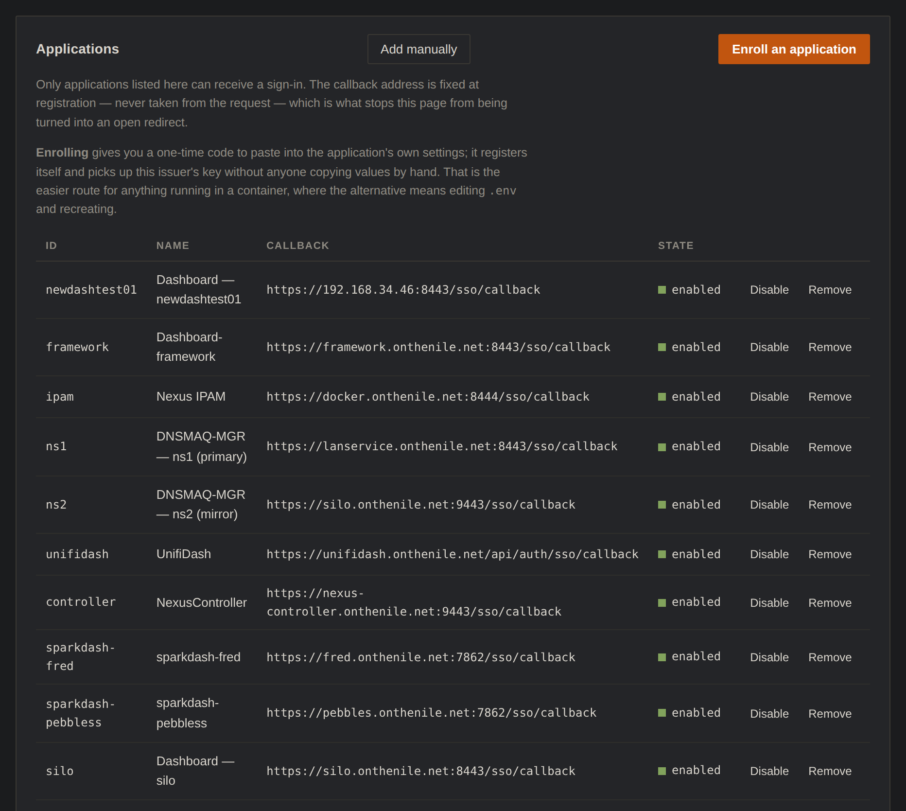 The NexusSSO applications registry listing registered relying parties with their fixed callback addresses