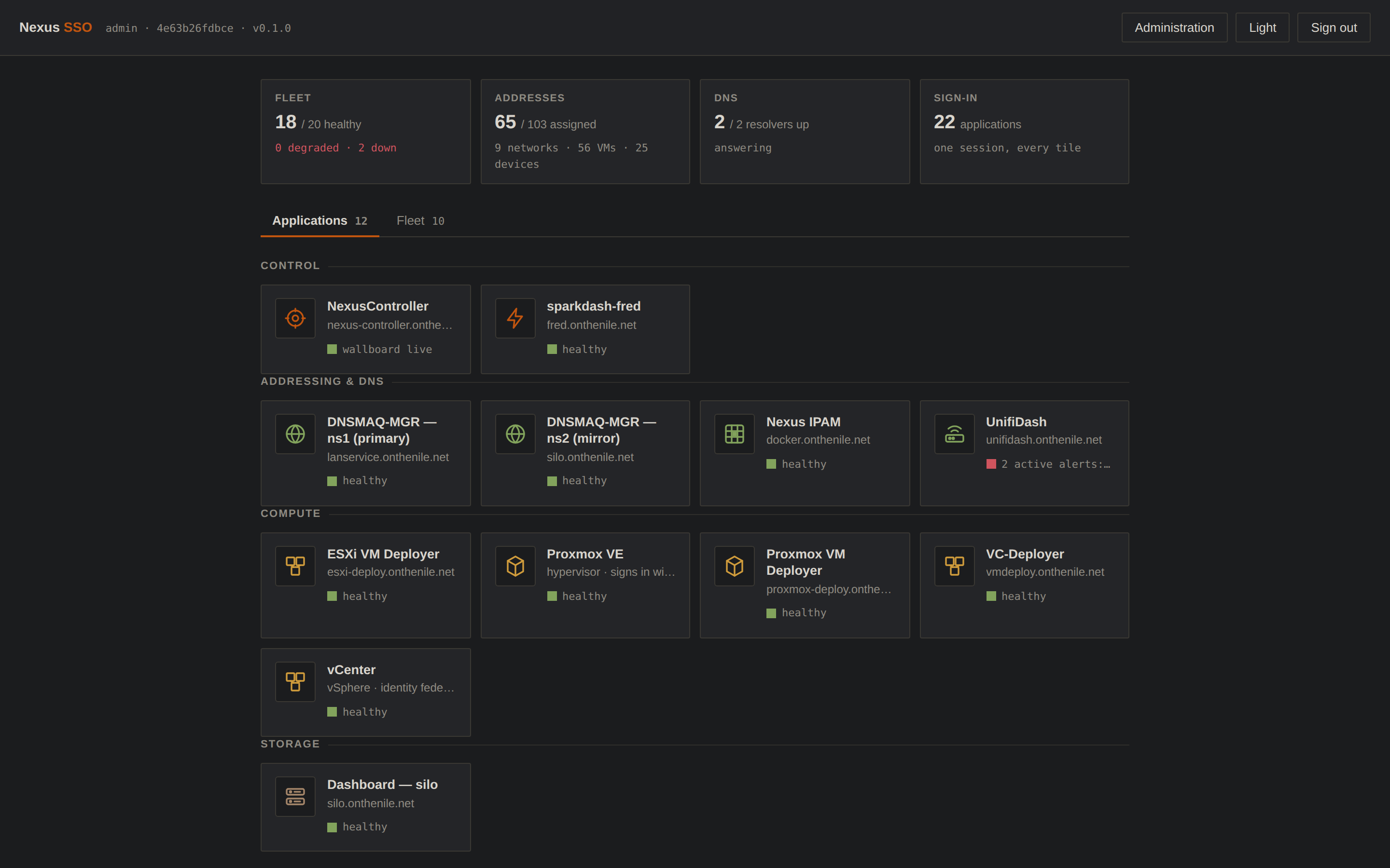 The NexusSSO launcher after sign-in: summary cards for fleet, addresses, DNS and sign-in, then application tiles grouped under Control, Addressing and DNS, Compute and Storage, each with a health line