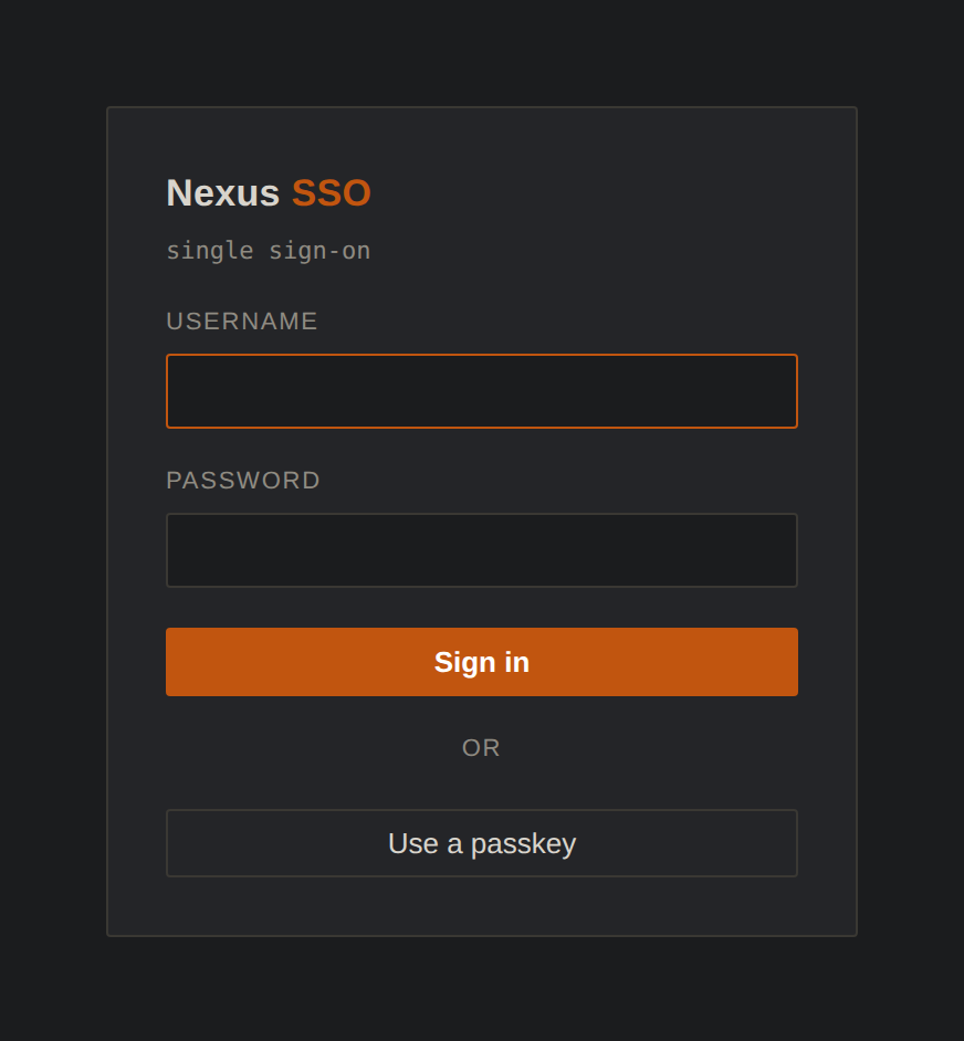 The NexusSSO sign-in screen with a username and password form and a Use a passkey button