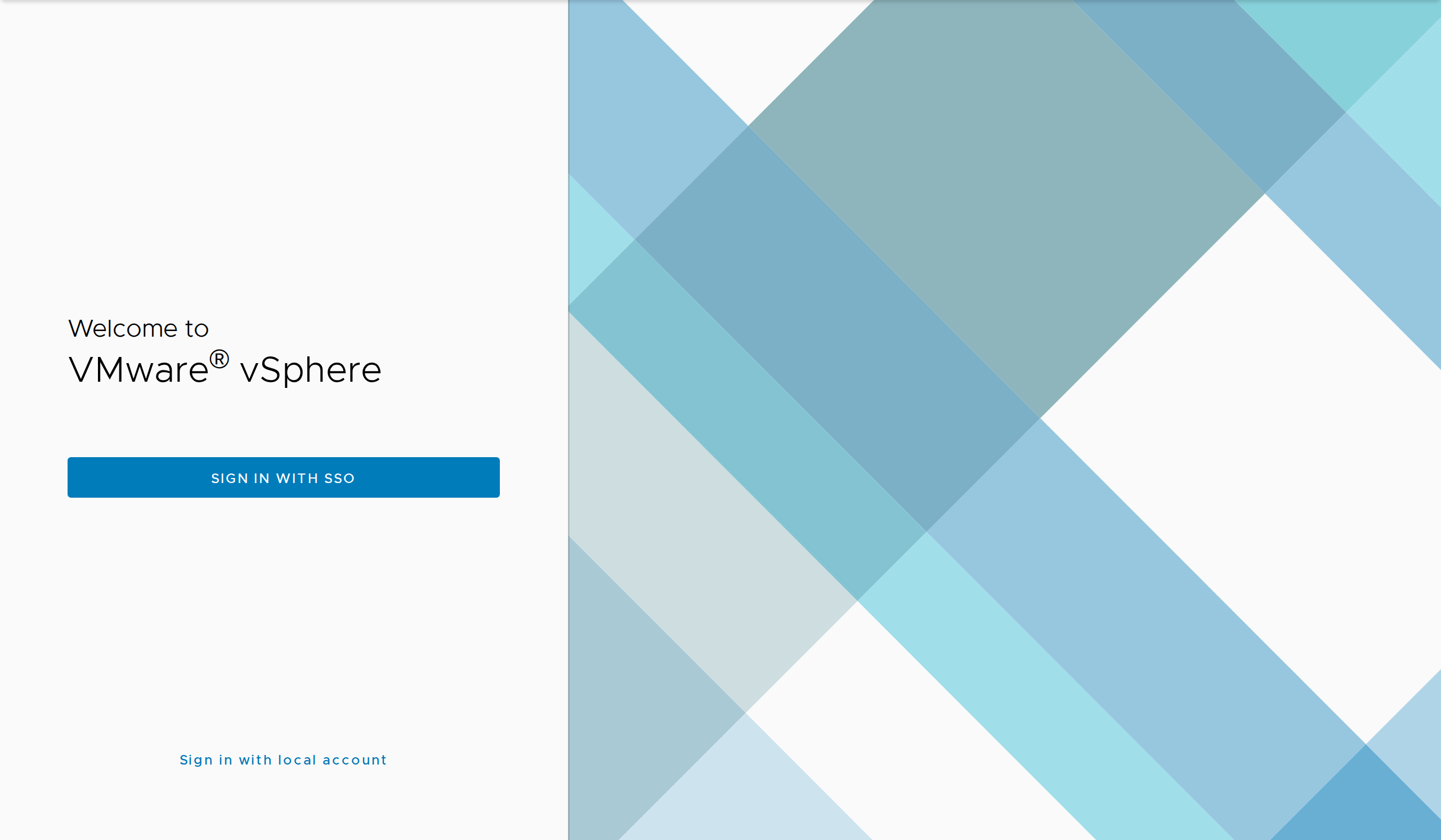 The vSphere welcome page showing a Sign in with SSO button and a smaller Sign in with local account link beneath it