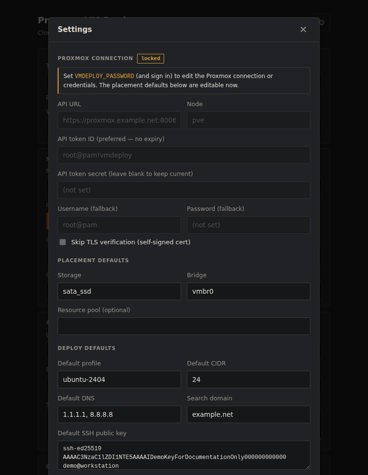 Settings dialog showing the Proxmox connection section marked locked, with placement and deploy defaults editable