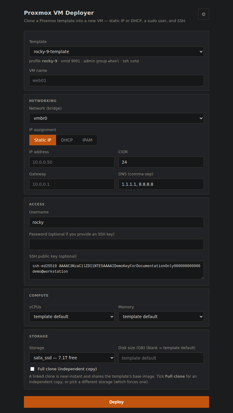 Proxmox VM Deployer web form: template with profile metadata, bridge picker, static/DHCP/IPAM selector, access, compute and storage sections